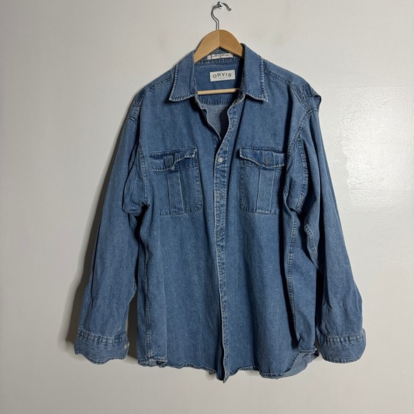 Orvis Mens XL Denim Shirt Button Up Long Sleeve Blue Cotton Casual - Picture 1 of 8